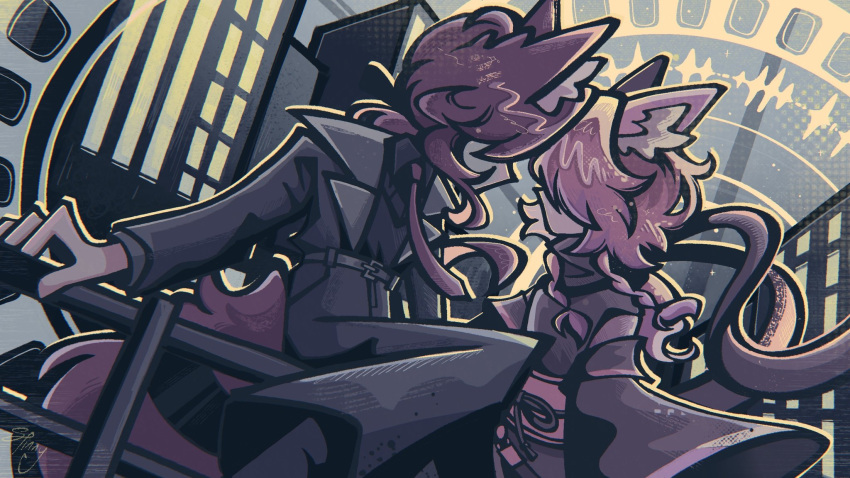 2boys, against_railing, animal_ears, artist_name, belt, black_coat, braid, building, camellia_(cametek), camellia_(musician), coat, commentary, covered_eyes, fox_ears, fox_tail, grey_background, hand_on_railing, highres, long_hair, multiple_boys, muted_colors, necktie, obi, on_railing, pink_hair, railing, red_hair, red_necktie, sash, selfcest, selfcest_without_self, signature, sound_wave, spinnyternally, tail, trench_coat, twin_braids, waveform