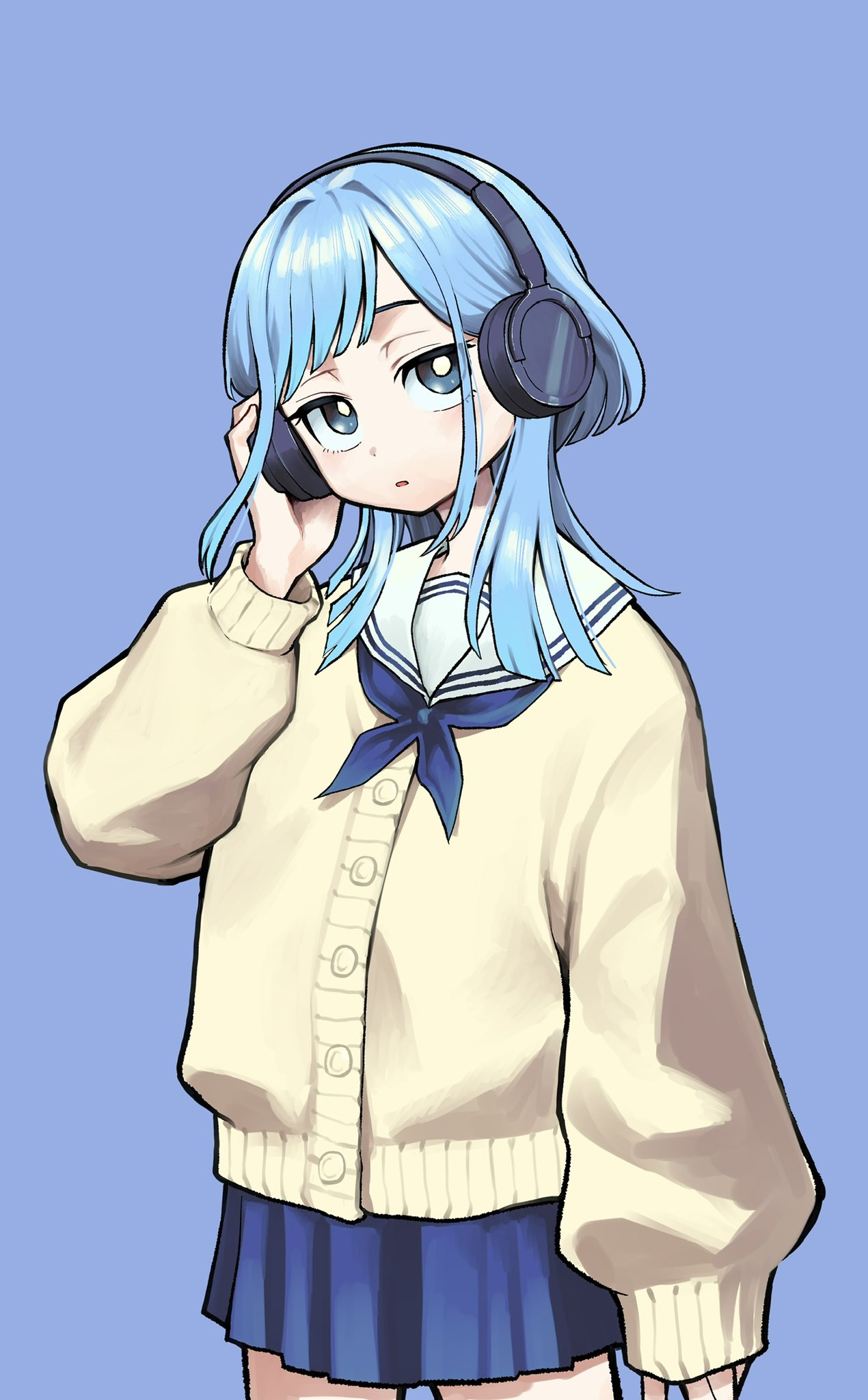 1girl, adjusting_headphones, blue_background, blue_eyes, blue_hair, blue_neckerchief, blue_skirt, bright_pupils