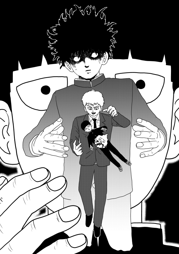 blank_eyes, bowl_cut, commentary_request, ekubo_(mob_psycho_100), gakuran, greyscale, kageyama_shigeo, kageyama_shigeo_(???)