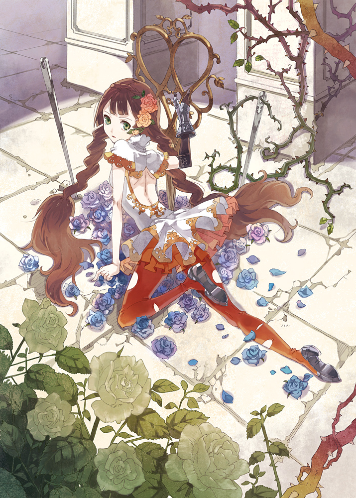 arm_support, blue_rose, brown_eyes, brown_hair, brown_legwear, eihi, elbow_gloves, flower