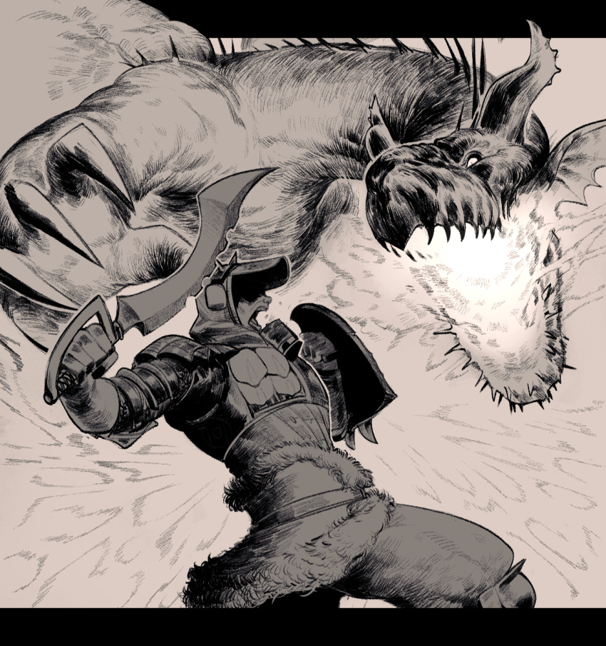 1boy, armor, baggy_pants, blocking, breath_weapon, breathing_fire, chin_spike, claws