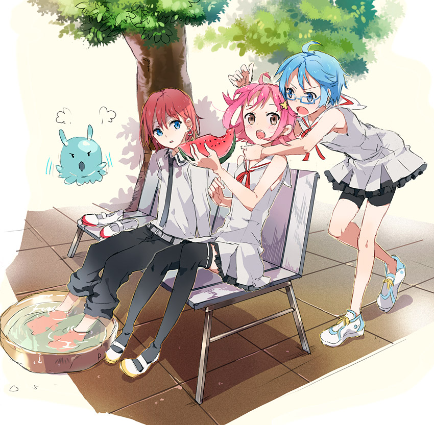 2girls, ahoge, aoi_(houkago_no_pleiades), bench, bike_shorts, black_legwear, blue_eyes, blue_hair, eihi, feet_in_water, food, fruit, glasses, houkago_no_pleiades, minato_(houkago_no_pleiades), multiple_girls, necktie, park_bench, pink_hair, pleiadean, red_eyes, red_hair, redhead, reverse_trap, school_uniform, shoes, shoes_removed, short_hair, sitting, sneakers, soaking_feet, subaru_(houkago_no_pleiades), thigh-highs, thighhighs, tree, uwabaki, washpan, water, watermelon
