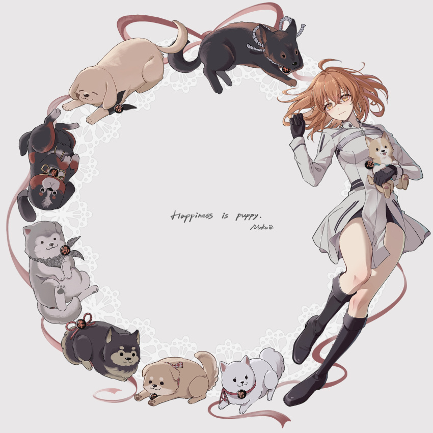 1girl, absurdres, ahoge, animal_hug, black_boots, black_gloves, boots, brown_hair