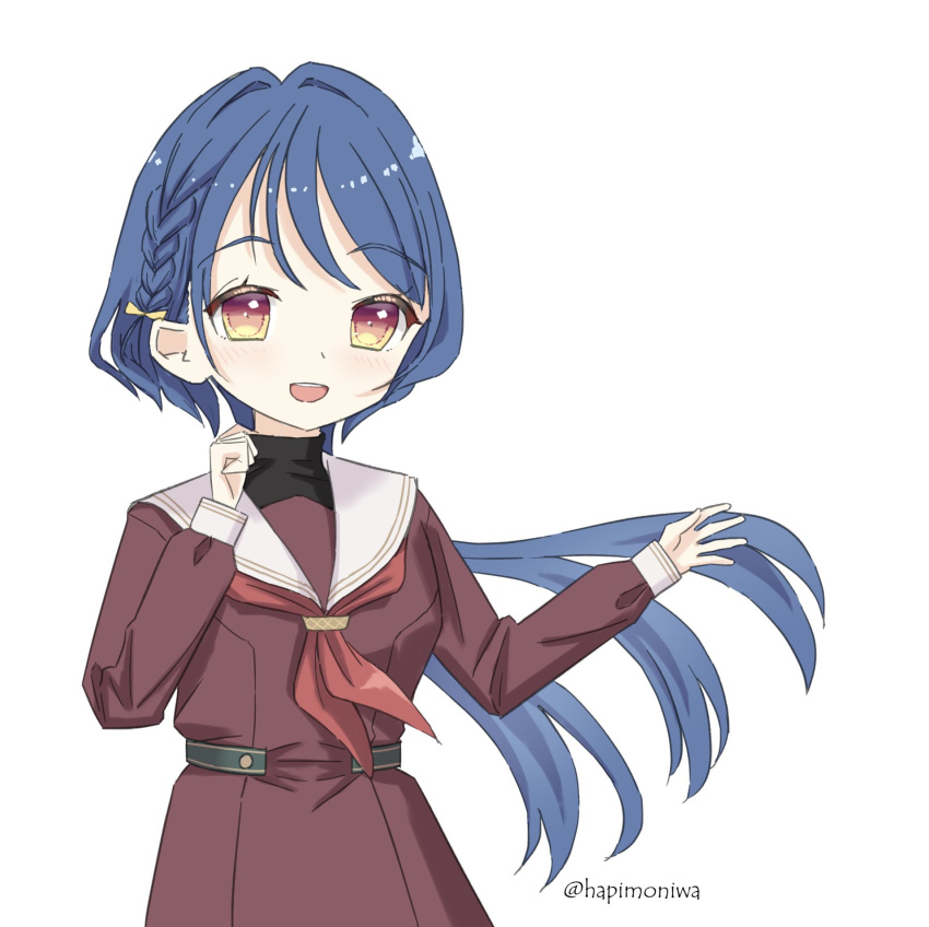 1girl, :d, alternate_hair_length_(longer), black_shirt, blue_hair, borrowed_hairstyle, braid, brown_dress