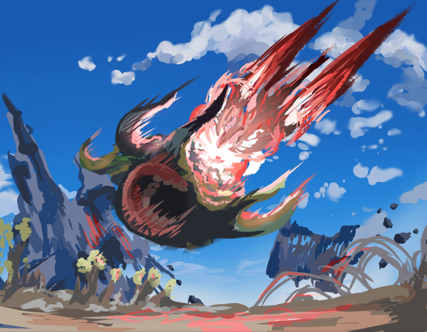 1other, blue_sky, clouds, collision, commentary_request, dirt, dragon, floating_island