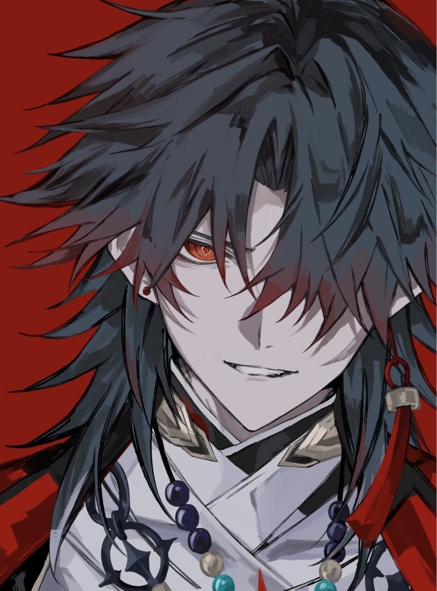 1boy, bandaged_chest, bandages, bead_necklace, beads, blade_(honkai:_star_rail), curtained_hair, earrings