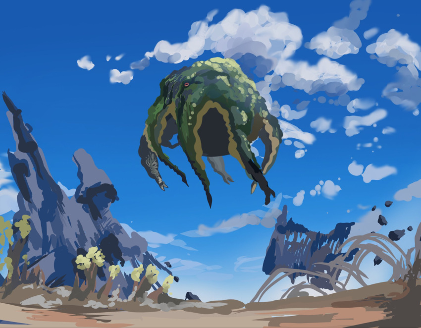1other, blue_sky, clouds, commentary_request, dirt, floating_island, highres, komagome