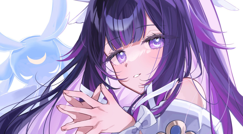 1girl, black_hair, bow, bright_pupils, columbina_(genshin_impact), commentary, crescent, crescent_in_eye