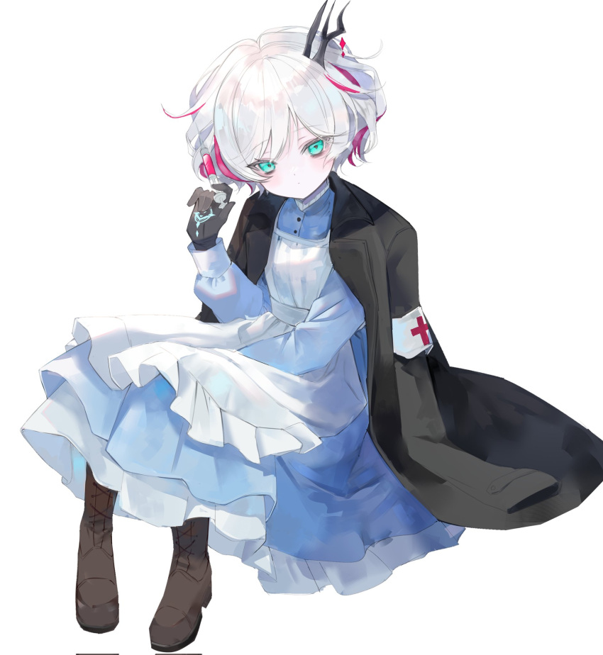 1girl, alternate_costume, arm_on_own_leg, black_coat, black_gloves, blue_dress, blue_eyes, boots
