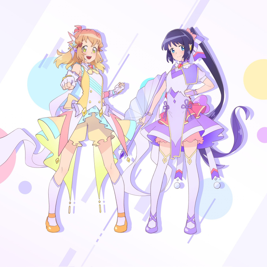 0x0023, 2girls, ankle_socks, bare_shoulders, black_hair, blue_eyes, bob_cut, bow