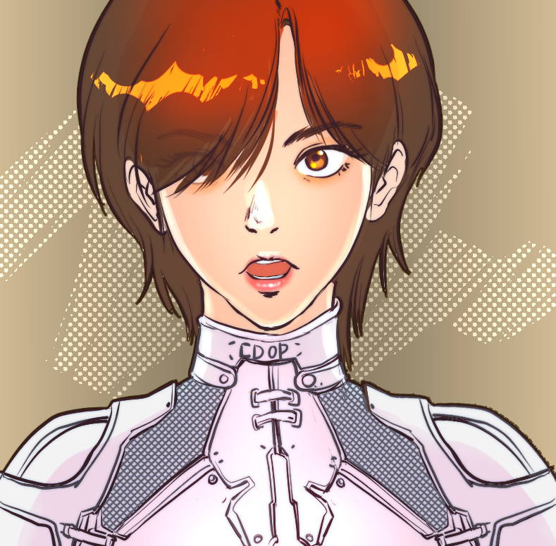 1girl, bb9_megadrive, bodysuit, brown_eyes, brown_hair, commentary_request, evie_(stellar_blade), eyes_visible_through_hair