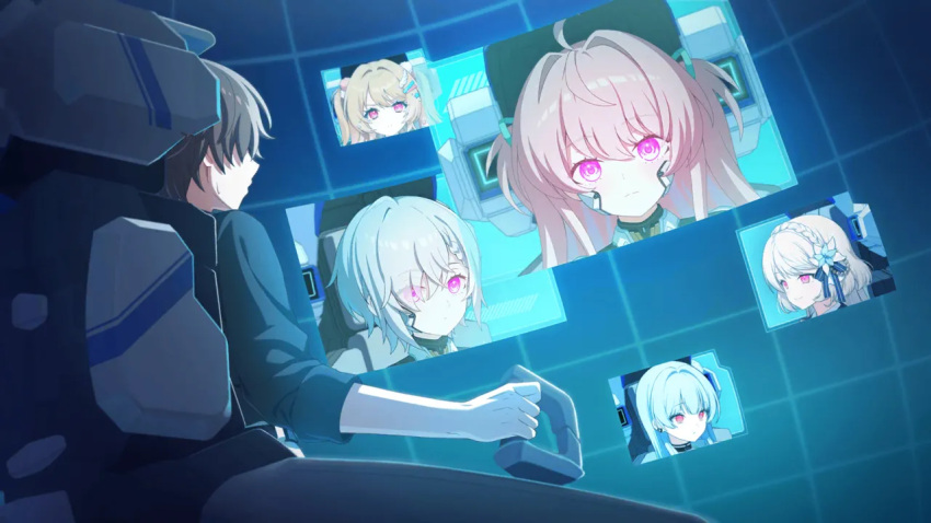 1boy, 5girls, ahoge, aqua_ribbon, artist_request, black_shirt, blonde_hair, blue_bow