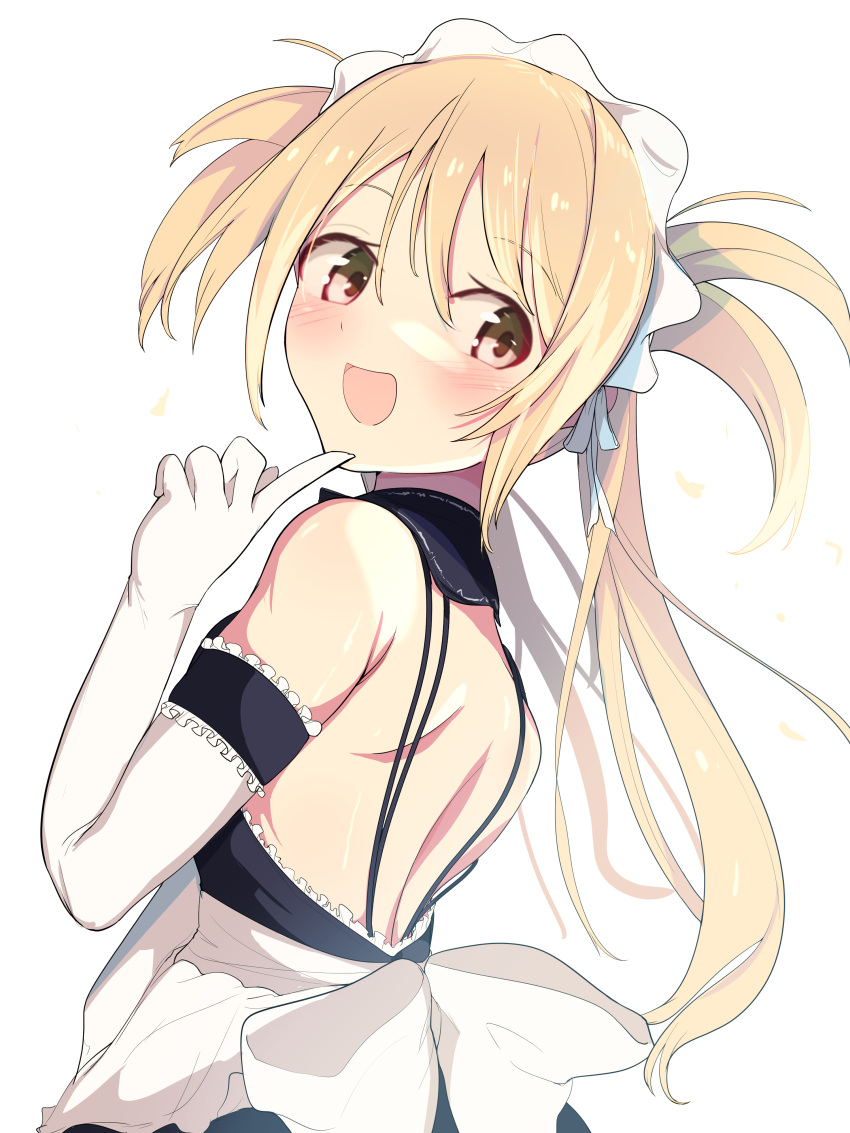1girl, :d, absurdres, apron, back, back_bow, backless_dress, backless_outfit, bare_shoulders, black_dress, blonde_hair, blush, bow, brown_eyes, commentary_request, cowboy_shot, detached_collar, dress, dutch_angle, elbow_gloves, fingerless_gloves, from_behind, gloves, hair_between_eyes, hand_up, happy, highres, index_finger_raised, kawa_mura, kore_ga_watashi_no_goshujin-sama, long_hair, maid, maid_apron, maid_headdress, nakabayashi_yoshitaka's_maid_uniform, open_mouth, sawatari_mitsuki, shoulder_blades, sidelocks, simple_background, sleeveless, sleeveless_dress, smile, solo, sparkle, twintails, two_side_up, very_long_hair, white_apron, white_background, white_bow, white_gloves