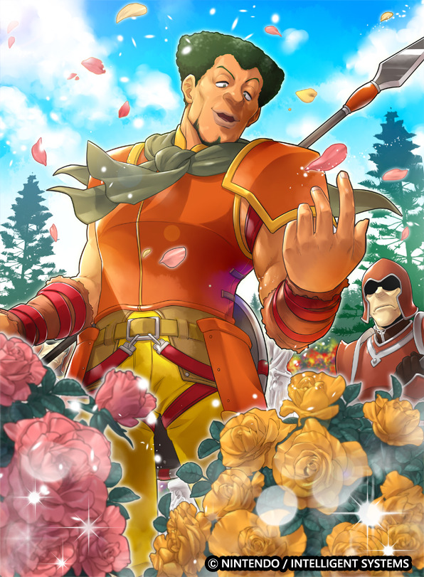 2boys, armor, cheekbones, commentary_request, company_name, dark-skinned_male, dark_skin, devdan_(fire_emblem)