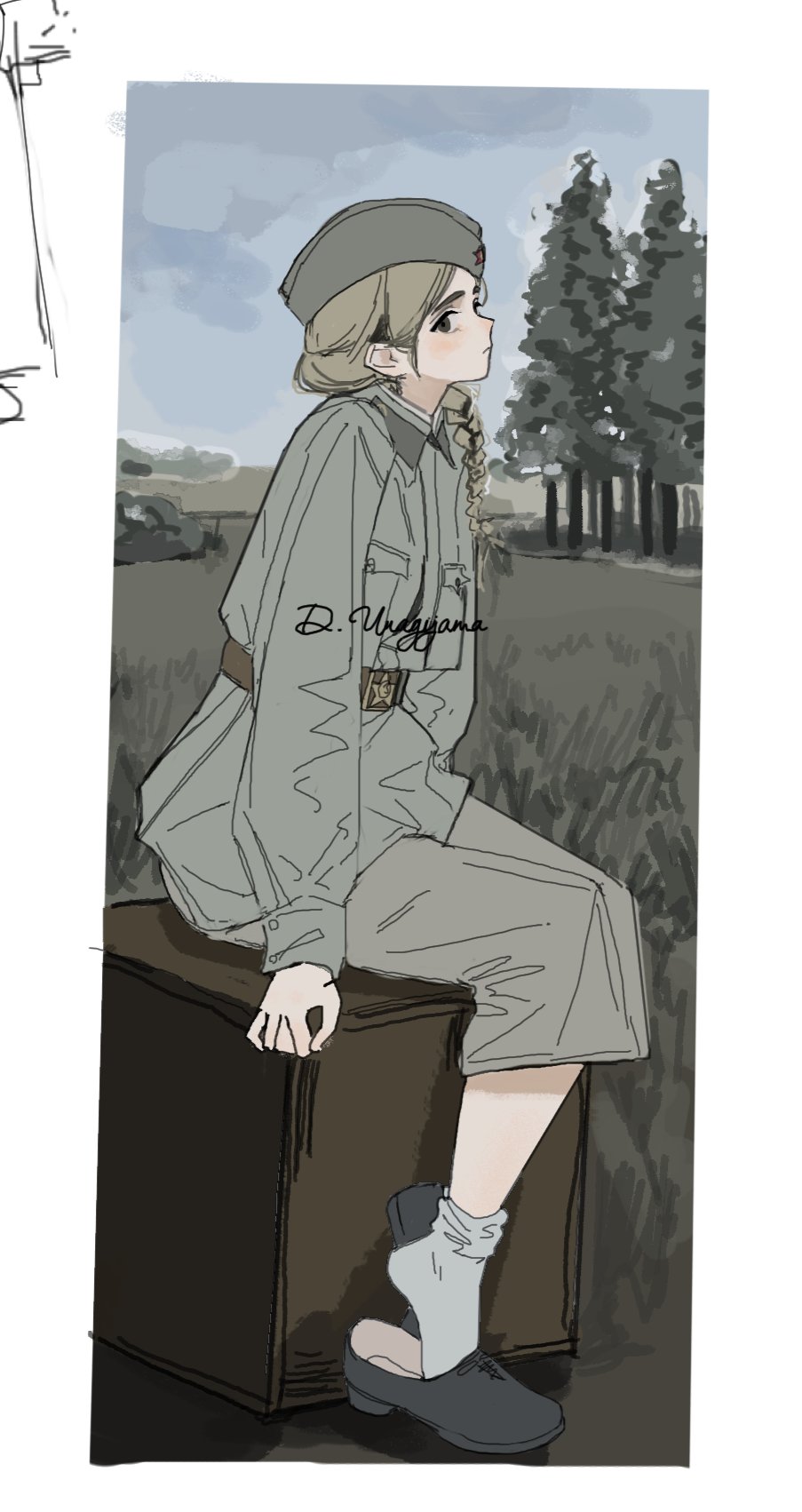 1girl, belt, blonde_hair, box, braid, commentary_request, domudomuunadon, from_side, full_body, garrison_cap, green_hat, grey_eyes, hat, highres, military_uniform, on_box, original, shoes, side_braid, sitting, sitting_on_box, socks, solo, soviet_army
