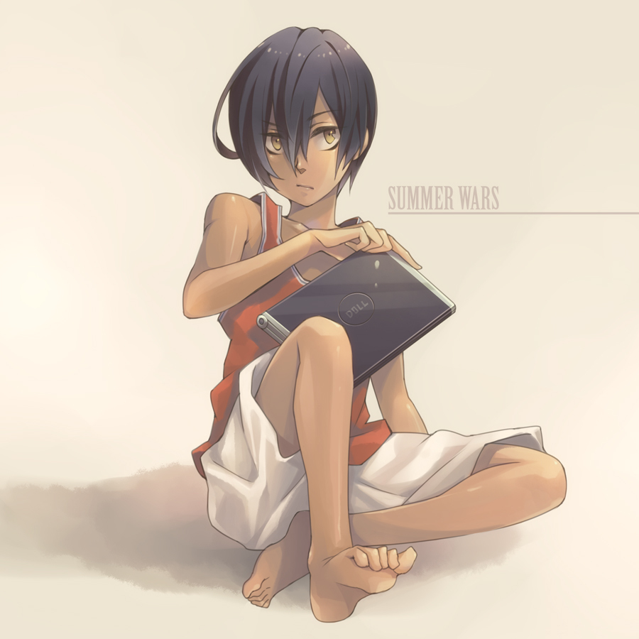 barefoot, brand_name_imitation, brown_eyes, brown_hair, computer, dark_skin, dell, feet