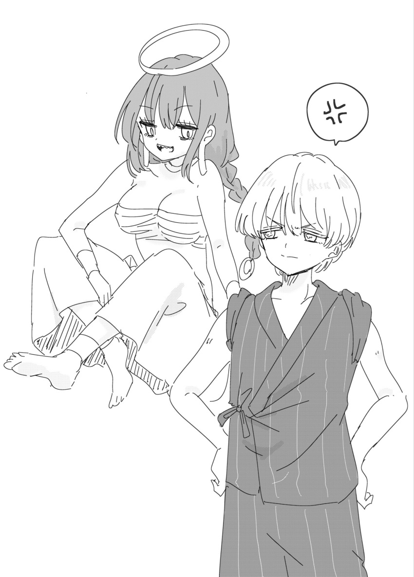 1boy, 1girl, anger_vein, bandages, barefoot, braid, breasts, chest_sarashi