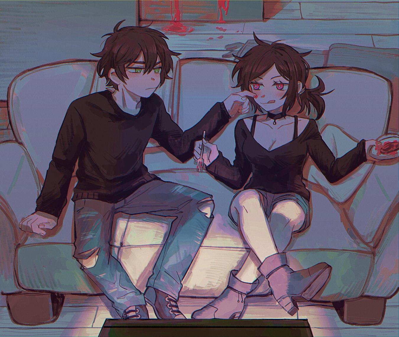 1boy, 1girl, andrew_graves, ashley_graves, assf_krsya, black_choker, black_hair, black_shirt
