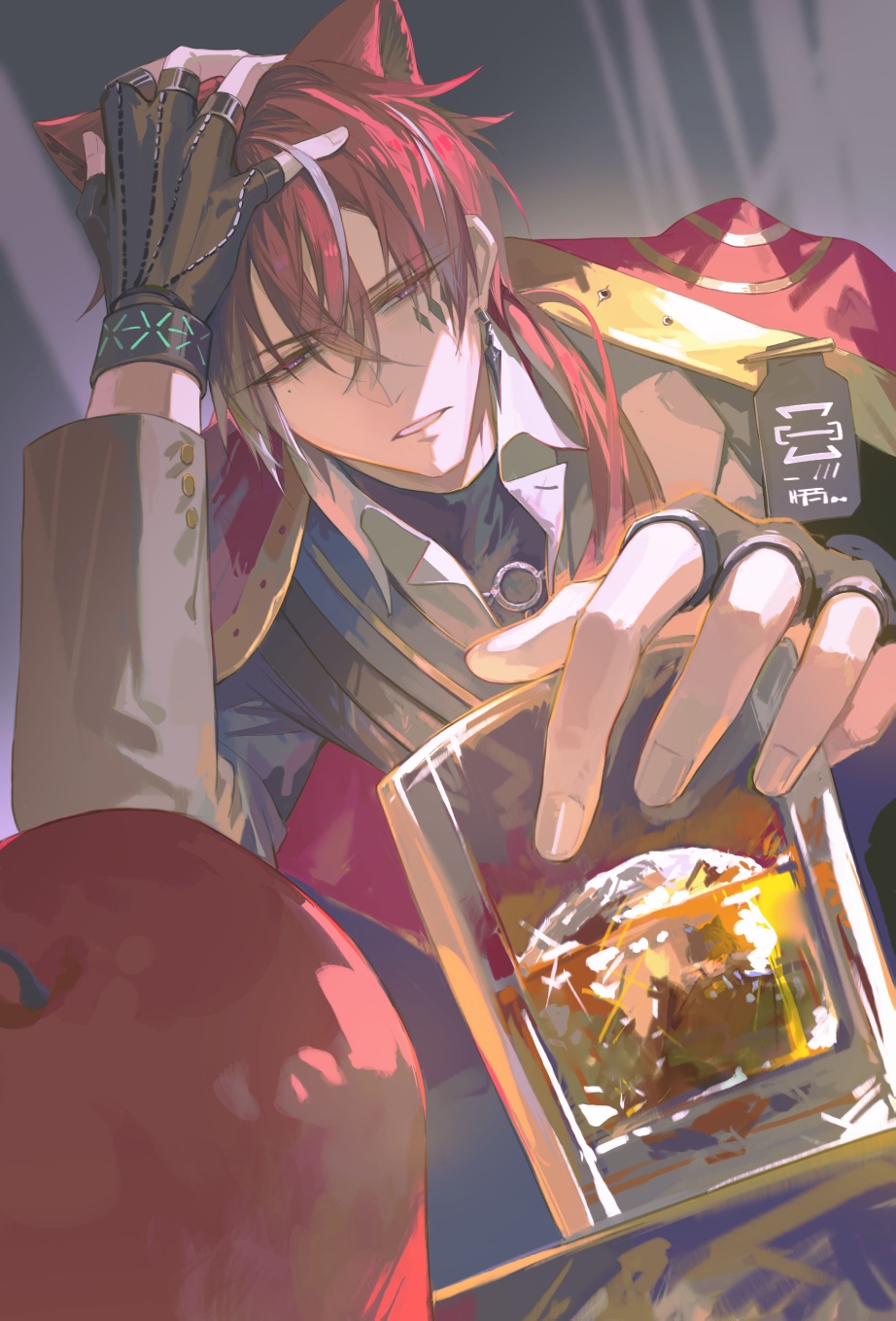 1boy, alcohol, animal_ears, apple, arknights, bellone_(arknights), bishounen, black_gloves