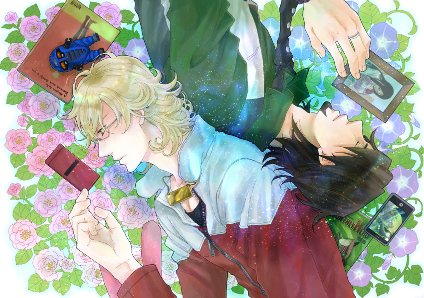 amamiya_tomoe, barnaby_brooks_jr, blonde_hair, book, brown_eyes, brown_hair, cellphone, facial_hair