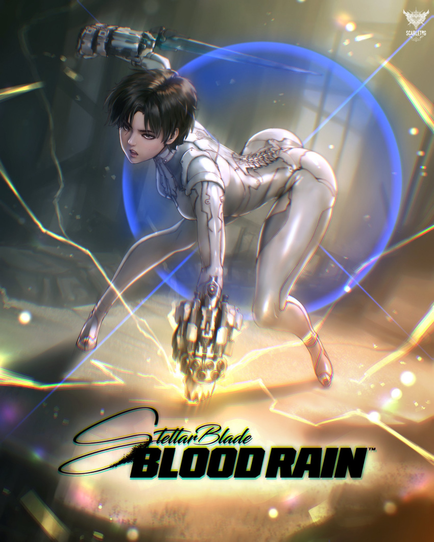 1girl, absurdres, artist_logo, ass, bent_over, bodysuit, breasts, brown_eyes, brown_hair, commentary, copyright_name, evie_(stellar_blade), full_body, garayann18, highres, impossible_bodysuit, impossible_clothes, logo, looking_at_viewer, medium_breasts, open_mouth, short_hair, skin_tight, solo, sparks, stellar_blade, stellar_blade:_blood_rain, white_bodysuit