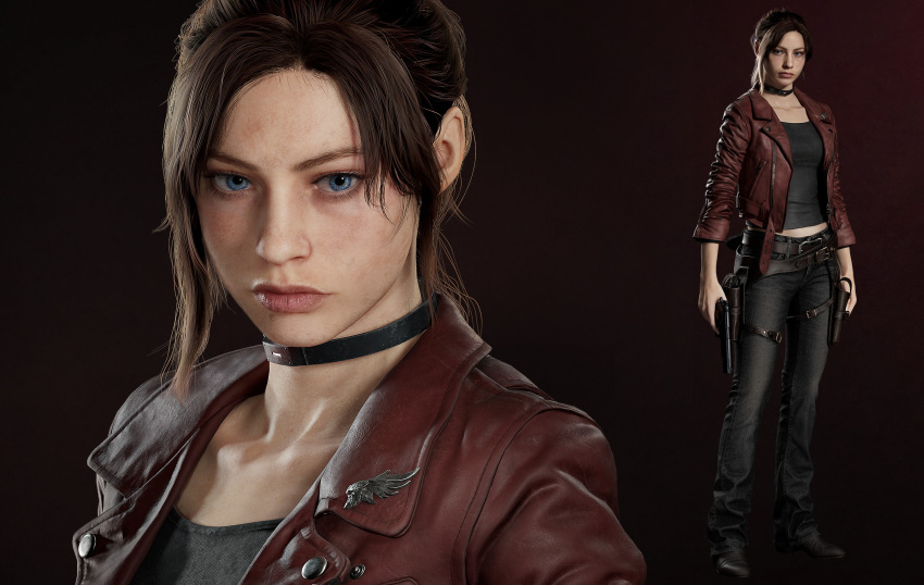 1girl, 3d, black_pants, black_shirt, blue_eyes, brown_hair, claire_redfield, commentary, english_commentary, gun, handgun, highres, holding, holding_gun, holding_weapon, holster, jacket, looking_at_viewer, m1911, midriff, official_art, open_clothes, open_jacket, pants, red_jacket, resident_evil, resident_evil_-_code:_veronica, resident_evil_veronica, shirt, solo, standing, weapon