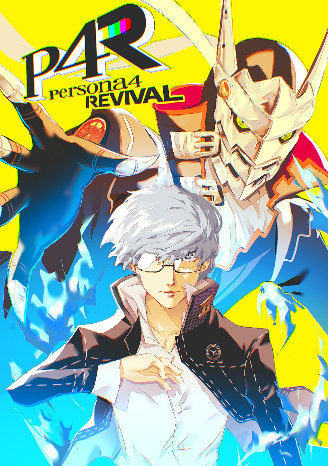 1boy, aura, clothed_robot, commentary, english_commentary, glasses, grey_eyes, grey_hair, highres, izanagi_(persona_4), male_focus, narukami_yu, owendigo, persona, persona_(summon), persona_4, persona_4_revival, robot, round_eyewear, school_uniform, yasogami_school_uniform