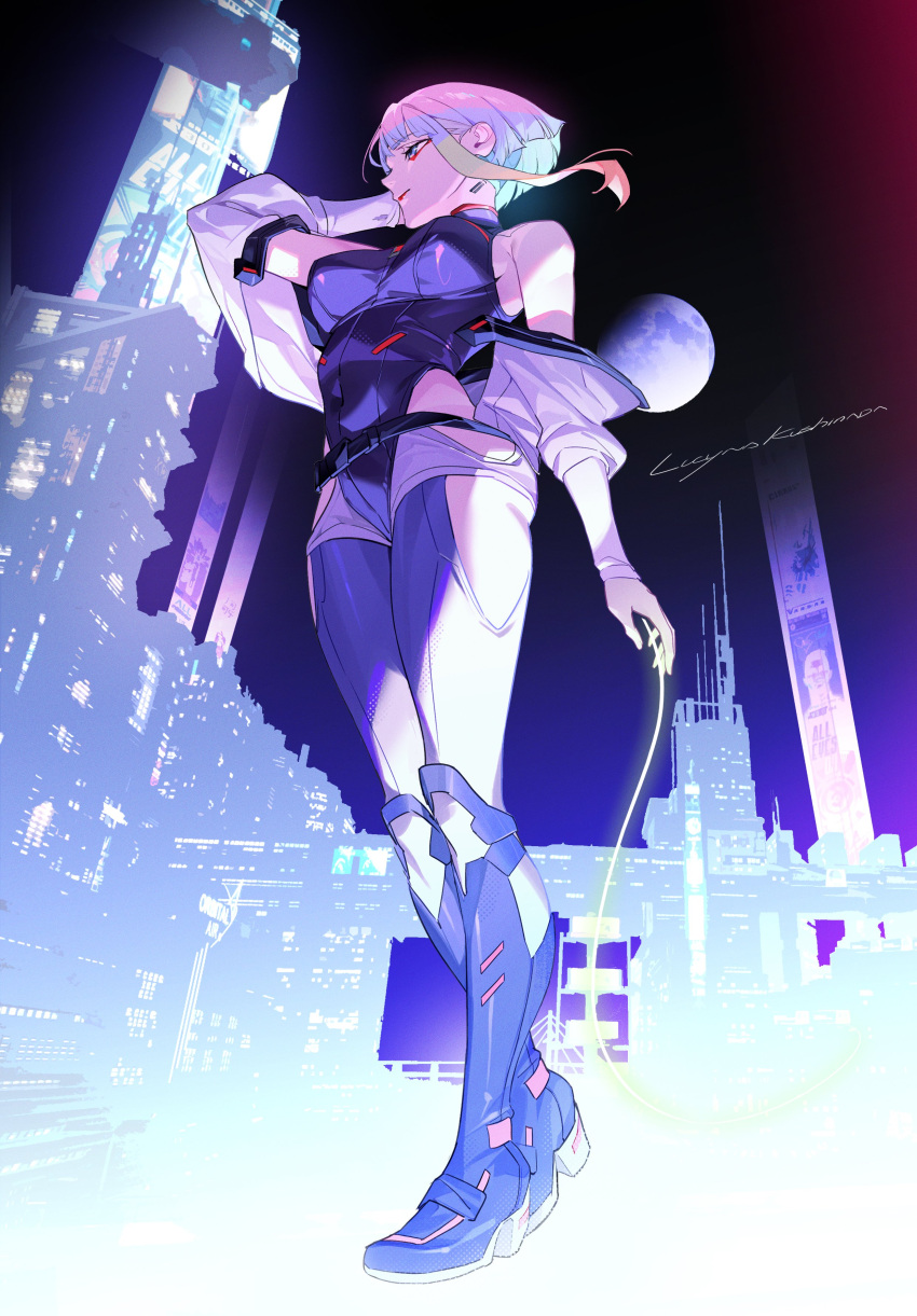 1girl, absurdres, bare_shoulders, bigroll, black_leotard, breasts, clothing_cutout, cyberpunk:_edgerunners