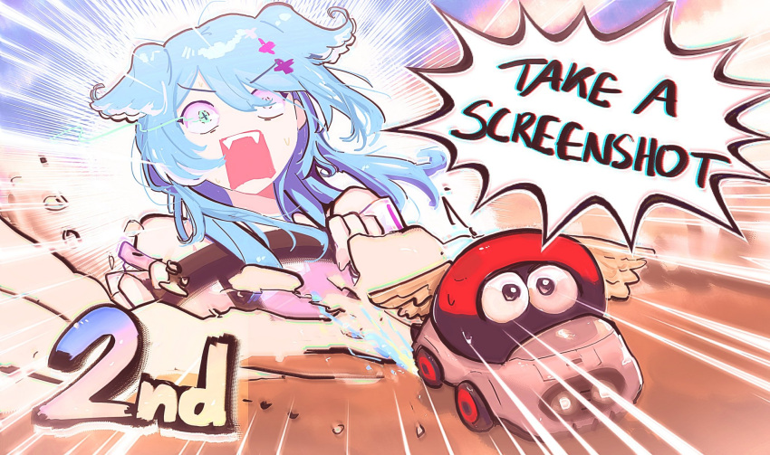1girl, aqua_eyes, atsuku_moeru, blue_hair, commentary, cross-shaped_pupils, elira_pendora, english_commentary