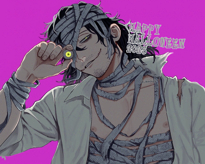 1boy, 2025, aizawa_shota, bags_under_eyes, bandage_on_face, bandage_on_hair, bandage_over_one_eye, bandaged_chest