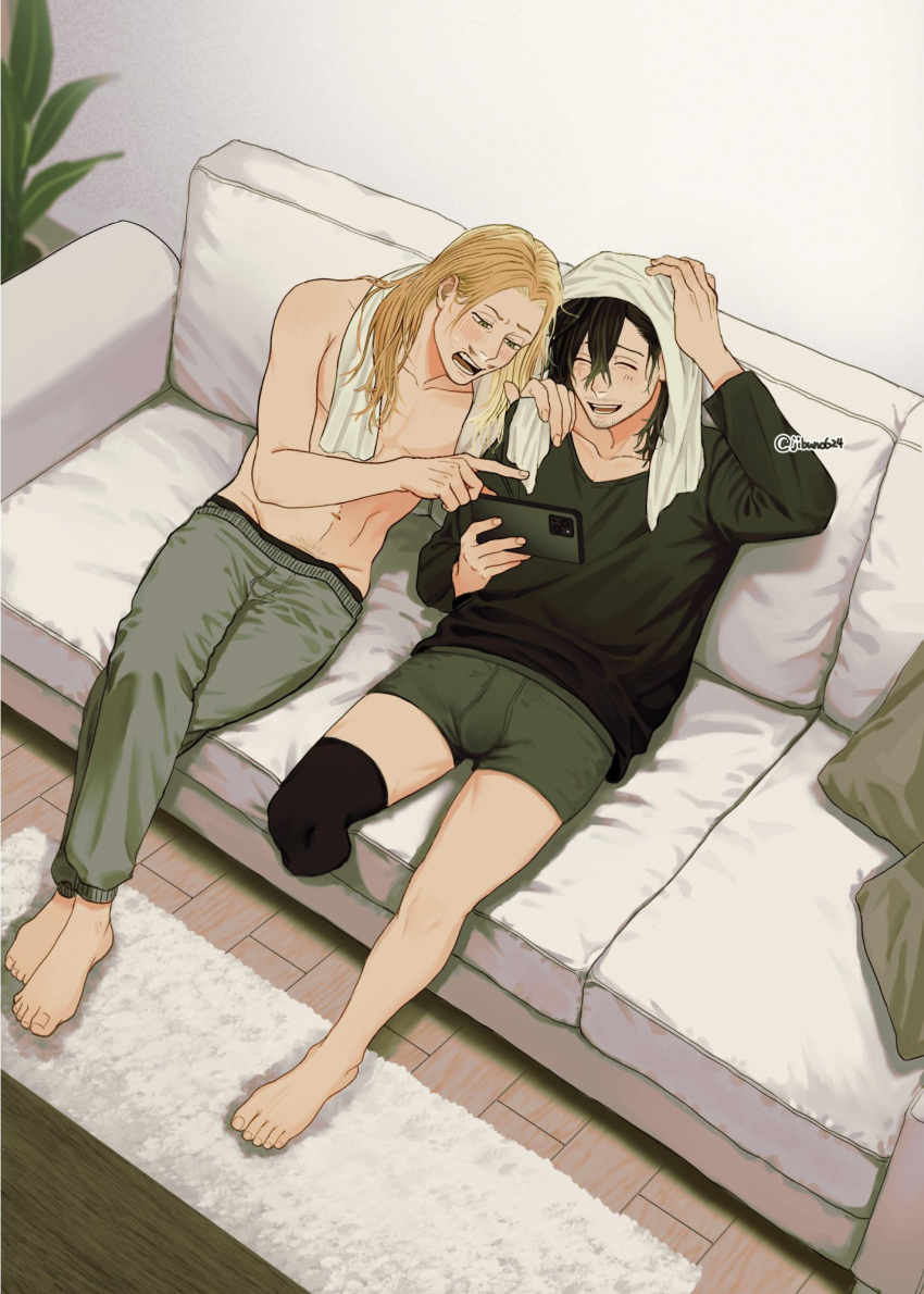 2boys, after_bathing, aizawa_shota, amputee, bare_legs, barefoot, beard_stubble, black_hair