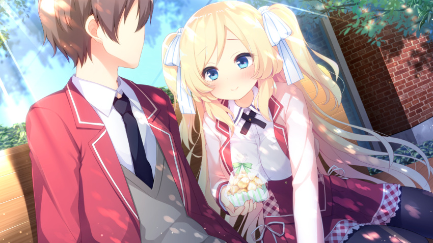 1boy, 1girl, anata_ni_koi_suru_ren'ai_recette, bad_source, blonde_hair, blue_eyes, blush, brown_hair, day, fummy, game_asset, long_hair, necktie, oozono_yuzuki, outdoors, ribbon, shirt, sitting, skirt, smile, twintails
