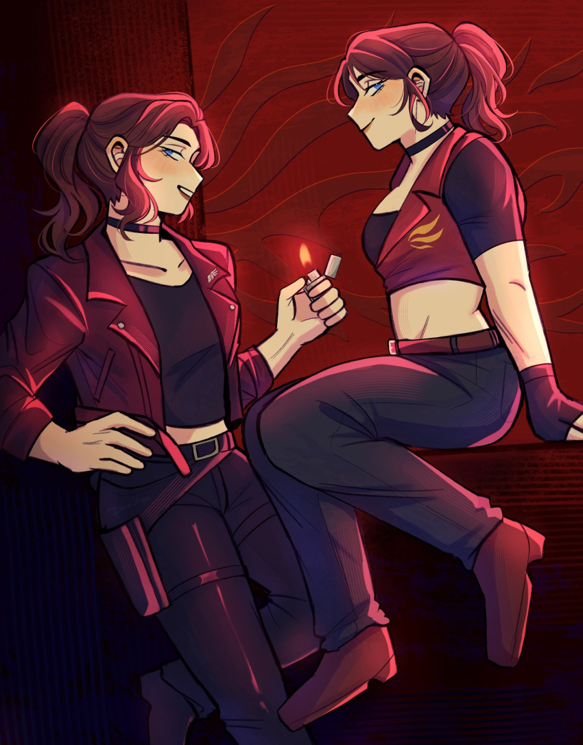 2girls, black_shirt, blue_eyes, brown_hair, claire_redfield, cropped_jacket, dual_persona, highres, holding, holding_lighter, holster, jacket, lighter, looking_at_viewer, midriff, multiple_girls, pan0fee, ponytail, red_jacket, resident_evil, resident_evil_-_code:_veronica, resident_evil_veronica, shirt, sitting, smile