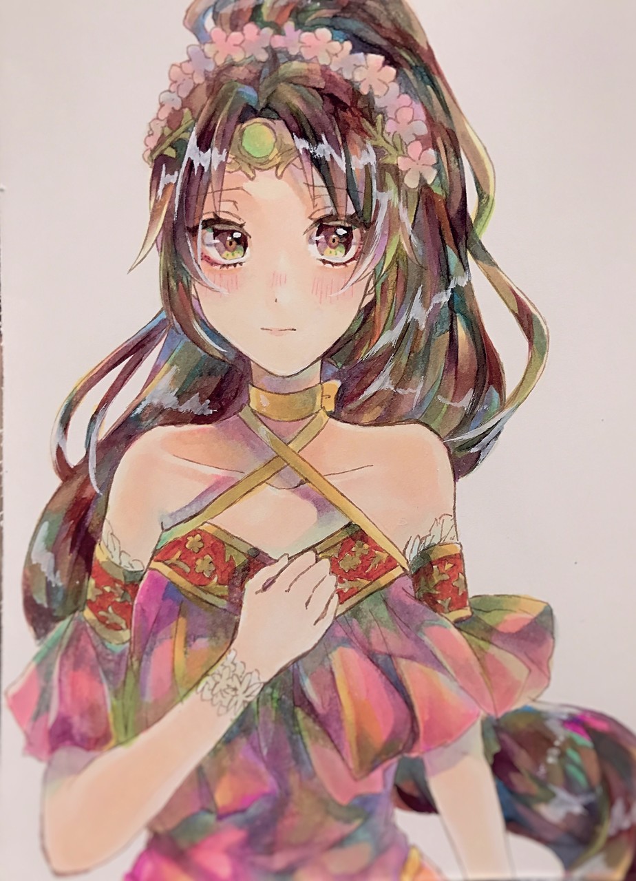 1girl, bare_shoulders, breasts, brown_hair, circlet, collarbone, criss-cross_halter, dot_nose
