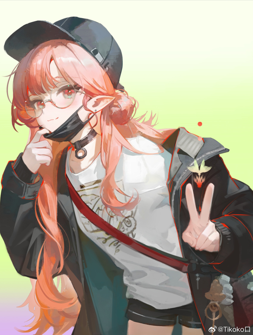 1girl, arknights, bag, baseball_cap, black_choker, black_hat, black_jacket, black_mask
