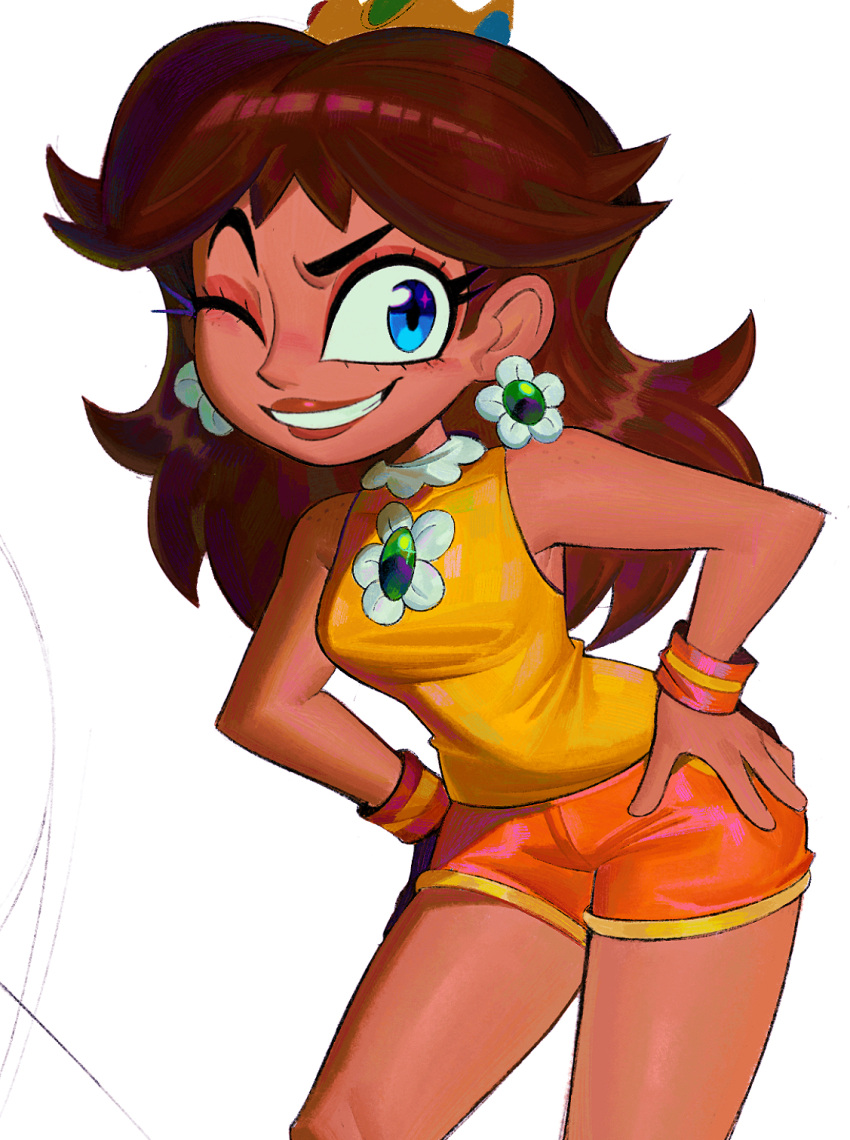 1girl, bare_shoulders, blue_eyes, body_freckles, bracelet, breasts, brooch, brown_hair