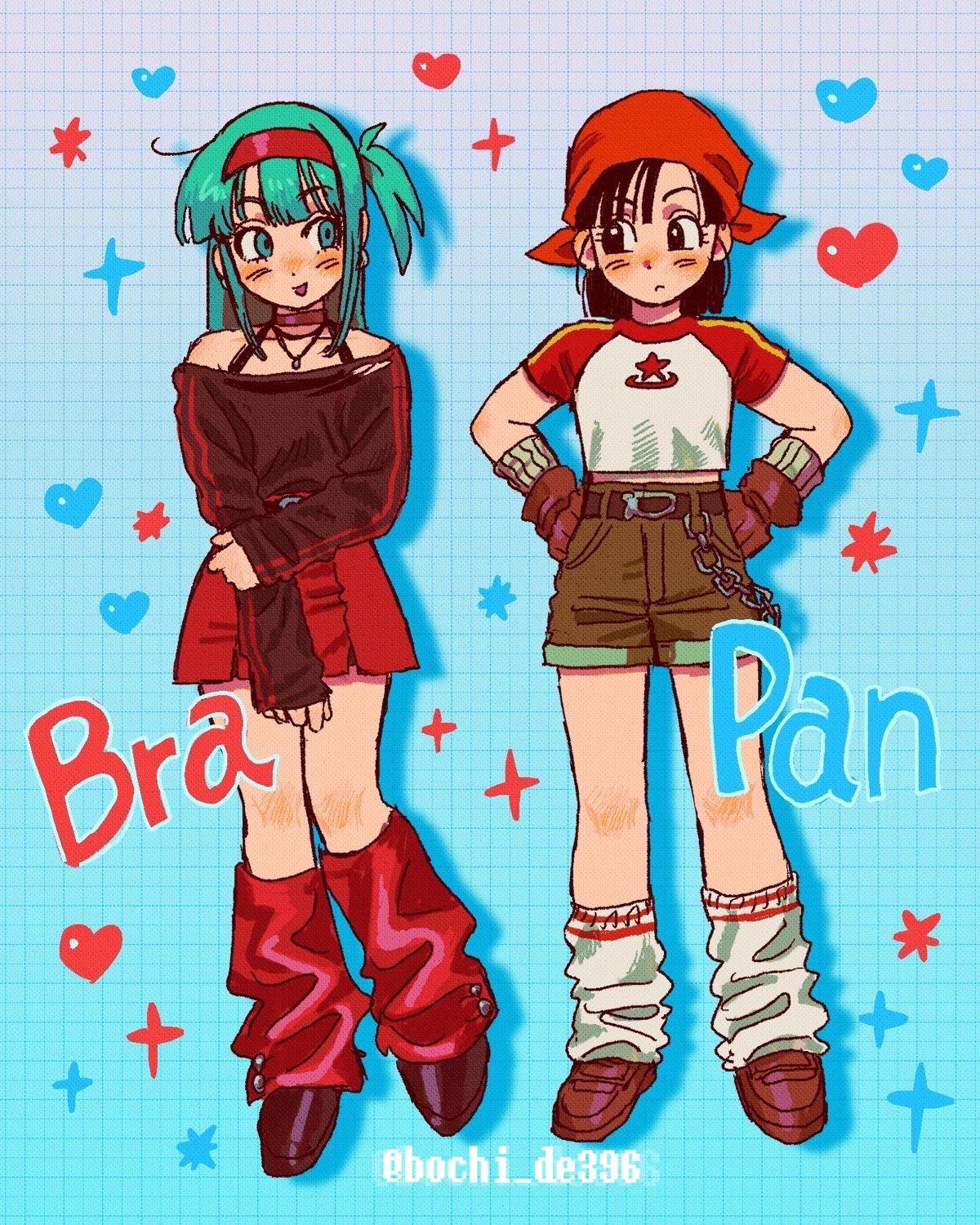 bandana, black_eyes, black_hair, blue_eyes, blue_hair, bochi_de396, bra_(dragon_ball), brown_pants