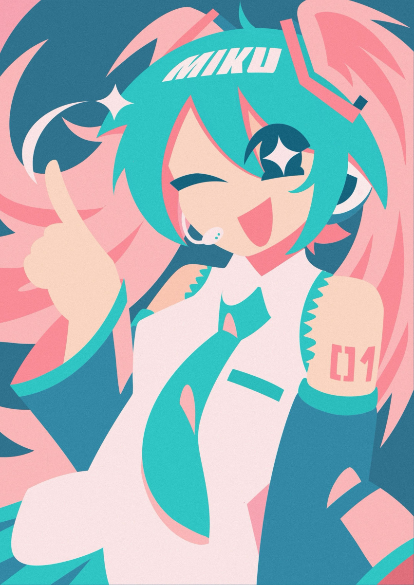 +_+, 1girl, :d, ;d, absurdres, ahoge, aqua_hair, aqua_necktie