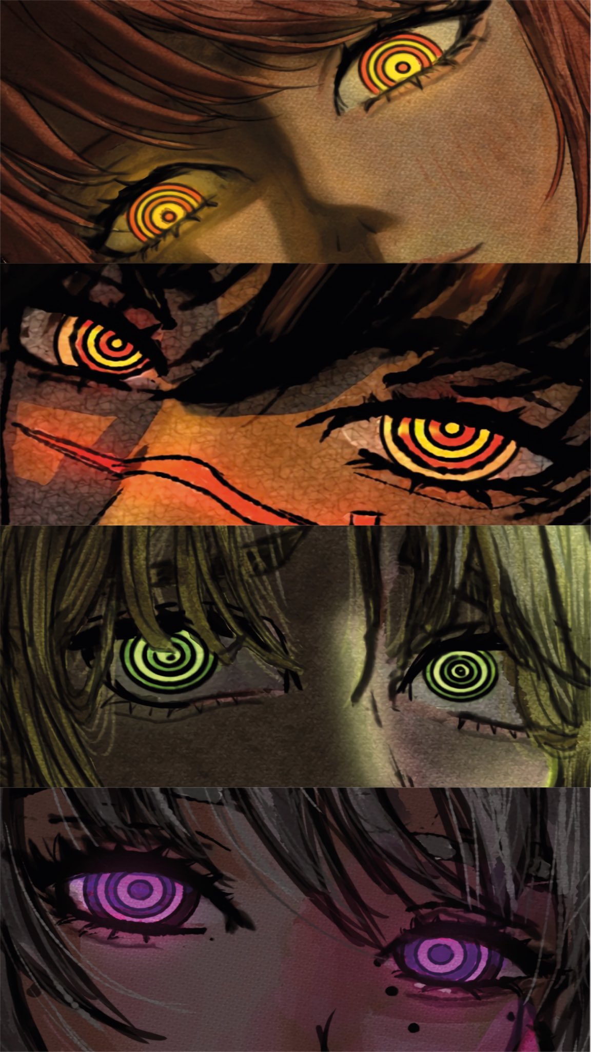 4girls, black_hair, blonde_hair, chainsaw_man, dark_ambience, death_devil_(chainsaw_man), fami_(chainsaw_man), famine_devil_(chainsaw_man), glowing, glowing_eyes, green_eyes, grey_hair, highres, inoue_does_arts, light_blush, looking_at_viewer, makima_(chainsaw_man), mole, mole_on_cheek, mole_under_eye, multiple_girls, pink_eyes, red_eyes, red_hair, ringed_eyes, scar, scar_on_cheek, scar_on_face, scar_on_nose, siblings, sisters, yellow_eyes, yoru_(chainsaw_man)