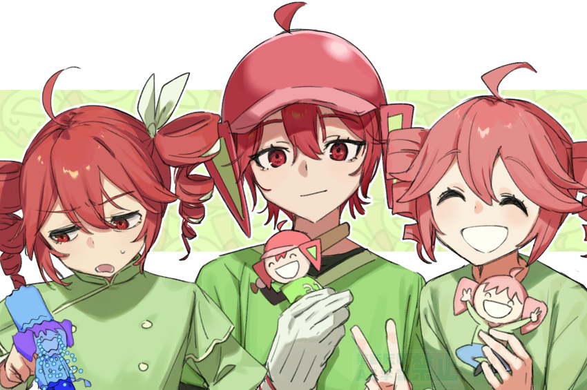 3girls, :d, ahoge, baseball_bat, baseball_helmet, chibi, chikubi_nazonazo_(synthesizer_v), creator_connection, crying, de_los_santos_(synthesizer_v), drill_hair, gloves, green_shirt, hair_between_eyes, hair_ribbon, hair_tie, helmet, highres, holding, holding_baseball_bat, holding_chibi, hotatenojourney, kasane_teto, multiple_girls, multiple_persona, red_eyes, ribbon, san_fu_zhan_o_ero_ime_de_miru_na_(synthesizer_v), shirt, smile, synthesizer_v, twin_drills, utau, v, white_gloves, white_ribbon