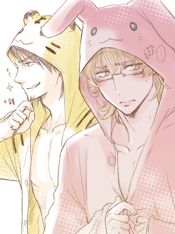 animal_costume, barnaby_brooks_jr, blonde_hair, blush, brown_eyes, brown_hair, bunny_costume, facial_hair, glasses, green_eyes, kaburagi_t_kotetsu, multiple_boys, oseo, short_hair, stubble, tiger_&amp;_bunny, tiger_costume, tiger_print