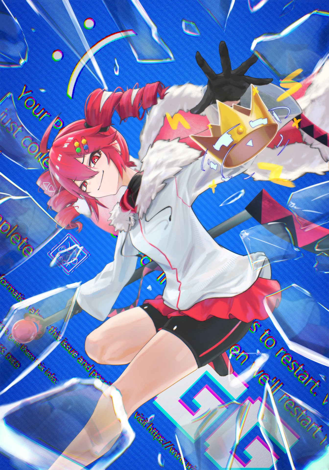 ahoge, bike_shorts, bike_shorts_under_shorts, black_gloves, blue_screen_of_death, bright_pupils, broken_glass, cape