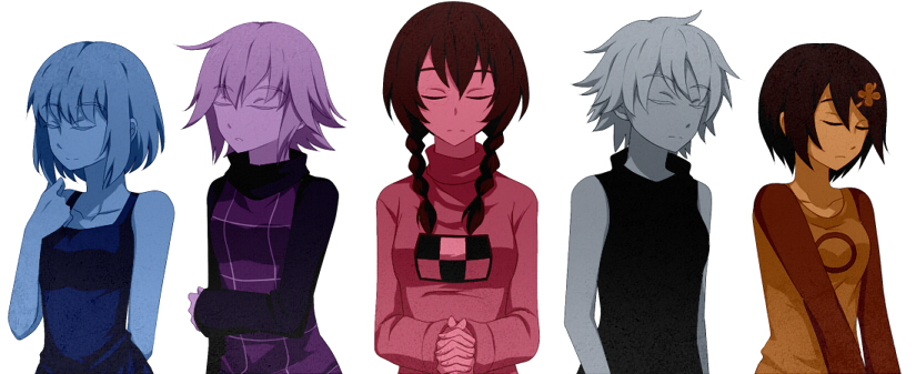 .flow, 5girls, ai_(kuroha-chan), braid, chie, chie_(lcddem), closed_eyes, eyes_closed