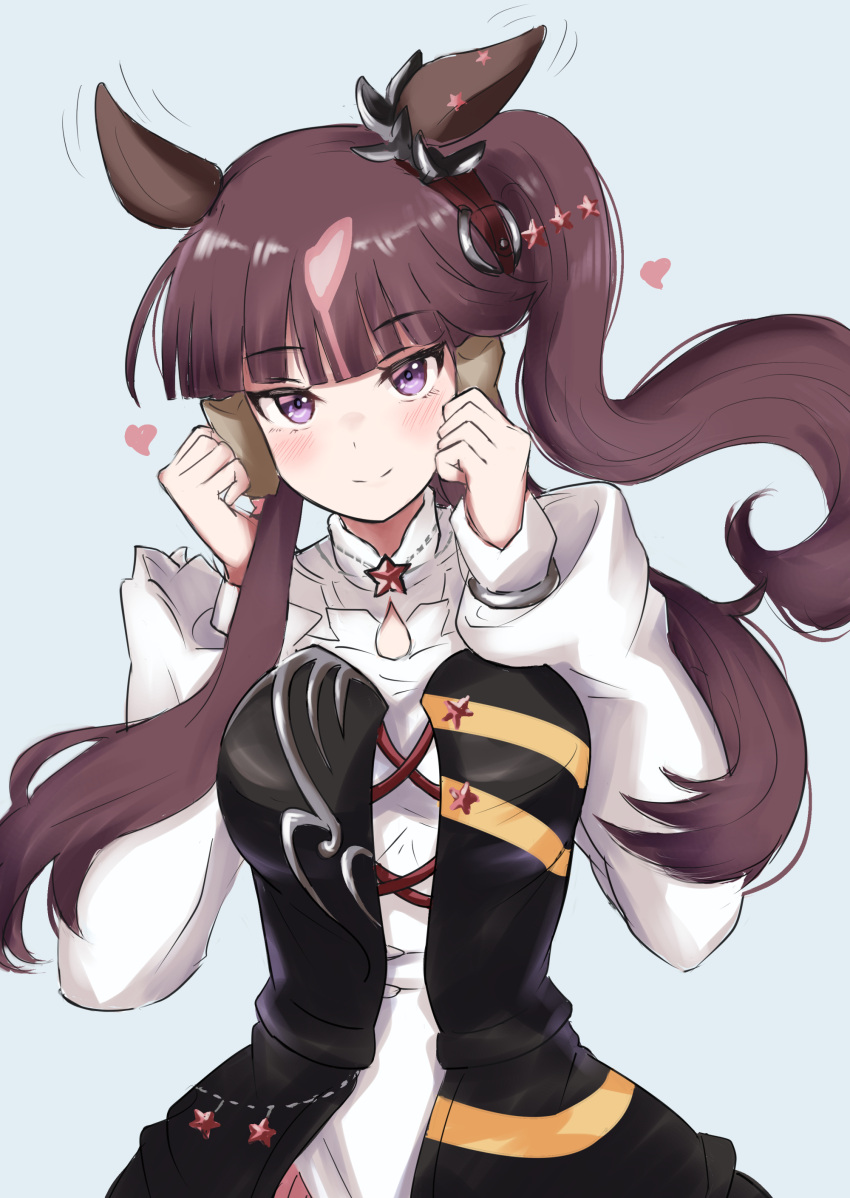 1girl, absurdres, animal_ears, blue_background, breasts, brown_hair, commentary_request, ear_covers