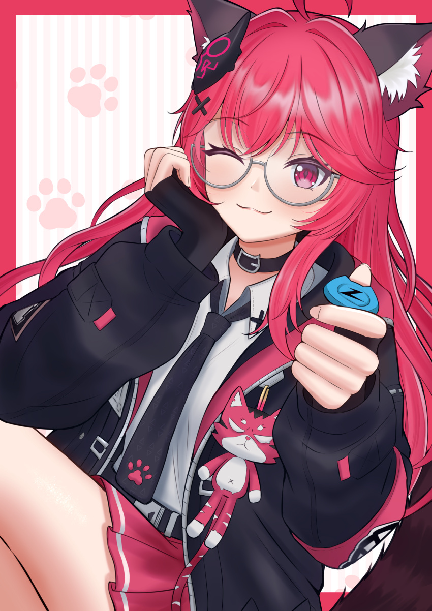 1girl, :3, absurdres, ahoge, animal_ear_fluff, animal_ears, black-framed_eyewear, black_choker