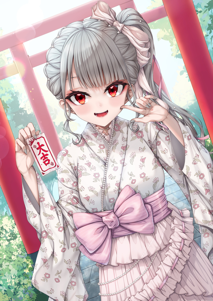 1girl, \m/, absurdres, backlighting, blunt_bangs, bow, braid, commentary_request, cowboy_shot, crown_braid, dincat, dutch_angle, fanged_bangs, floral_print, floral_print_kimono, frilled_skirt, frills, furisode_sleeves, grey_hair, grey_nails, hair_bow, highres, holding, holding_omikuji, hololive, hololive_dev_is, isaki_riona, isaki_riona_(new_year), japanese_clothes, kimono, layered_skirt, lens_flare, light_particles, lolita_fashion, long_hair, looking_at_viewer, multiple_torii, nail_polish, official_alternate_costume, omikuji, open_mouth, outdoors, pearl_trim, pink_bow, pink_sash, pink_skirt, print_kimono, red_eyes, sash, side_ponytail, sidelocks, skirt, smile, solo, torii, virtual_youtuber, wa_lolita, waist_bow, white_kimono, wide_sleeves, wispy_bangs