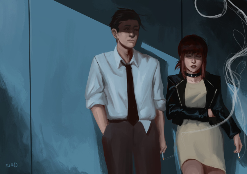 1boy, 1girl, better_call_saul, black_hair, breaking_bad, cigarette, collared_shirt, highres