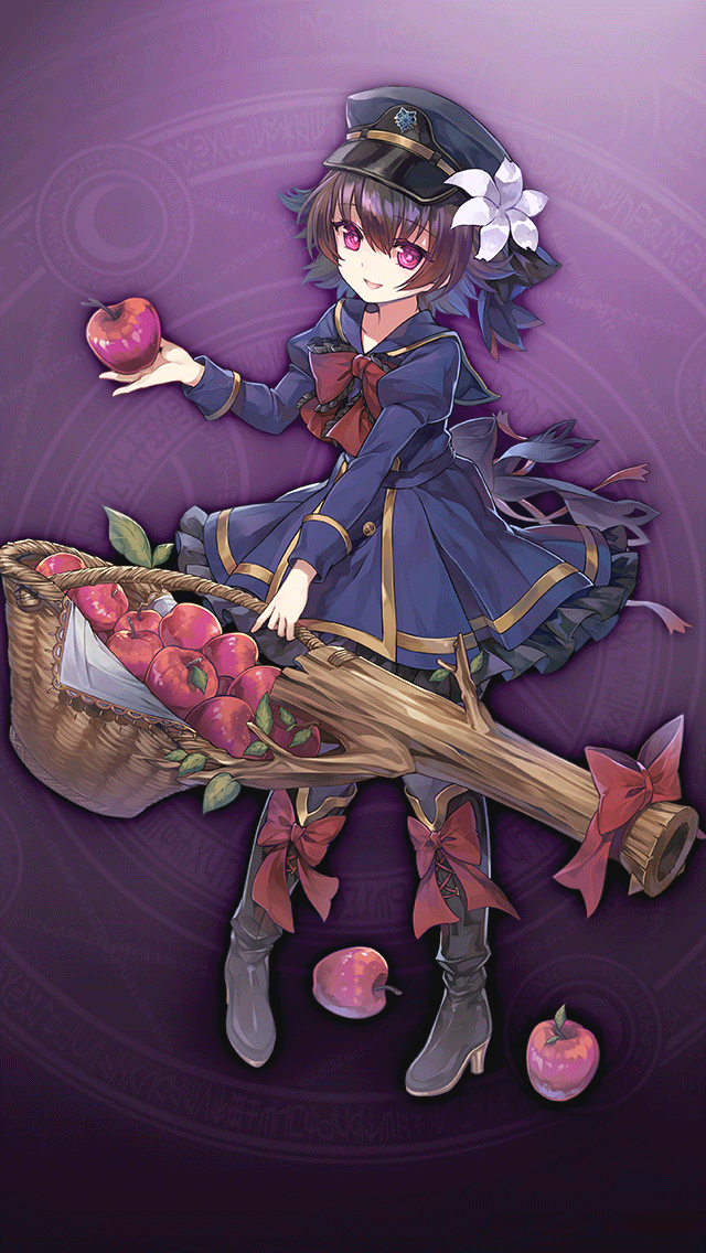 1girl, apple, artist_request, basket, blue_dress, blue_hat, boots, brown_boots