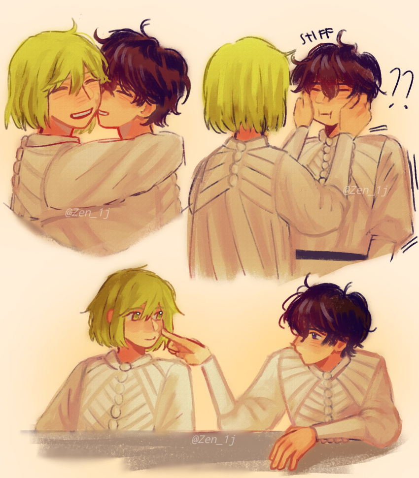 2girls, ?, ??, agott_arklaum_(tongari_boushi_no_atelier), arms_around_neck, asriel, blush, cheek_pinching, cheek_poking, closed_eyes, coco_(tongari_boushi_no_atelier), commentary, dress, english_commentary, english_text, green_eyes, green_hair, highres, hug, multiple_girls, pinching, poking, purple_hair, short_hair, tongari_boushi_no_atelier, violet_eyes, white_dress, yuri