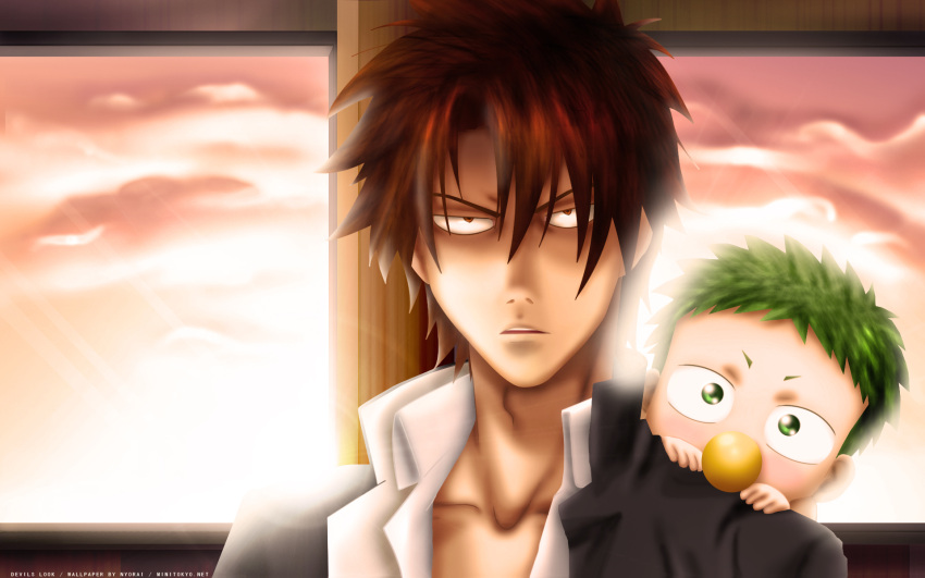 baby_be'el, baby_be'el, beelzebub_(manga), brown_hair, green_hair, male, nyorai, oga_tatsumi, sunset